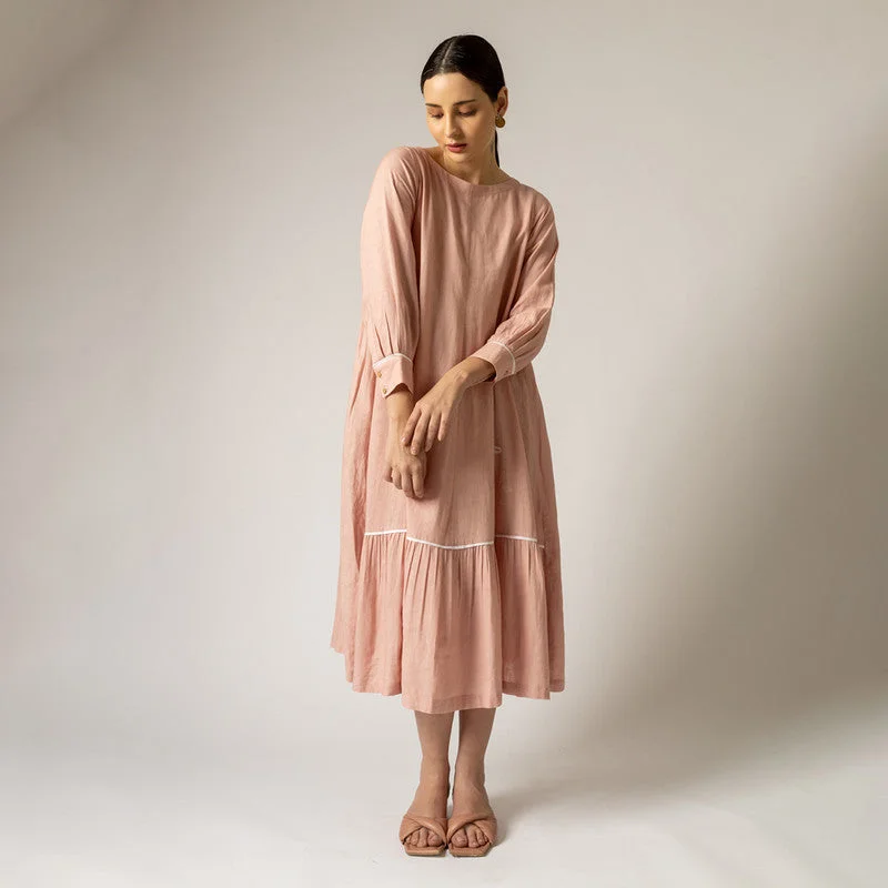 Linen Flared Dress for Women | Gathered | Pastel Pink