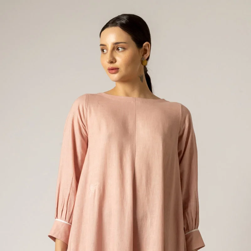 Linen Flared Dress for Women | Gathered | Pastel Pink