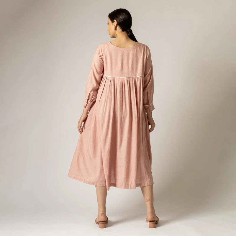 Linen Flared Dress for Women | Gathered | Pastel Pink