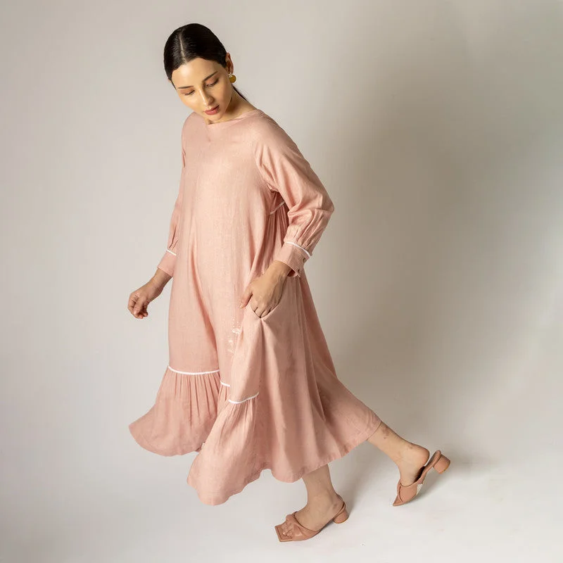 Linen Flared Dress for Women | Gathered | Pastel Pink