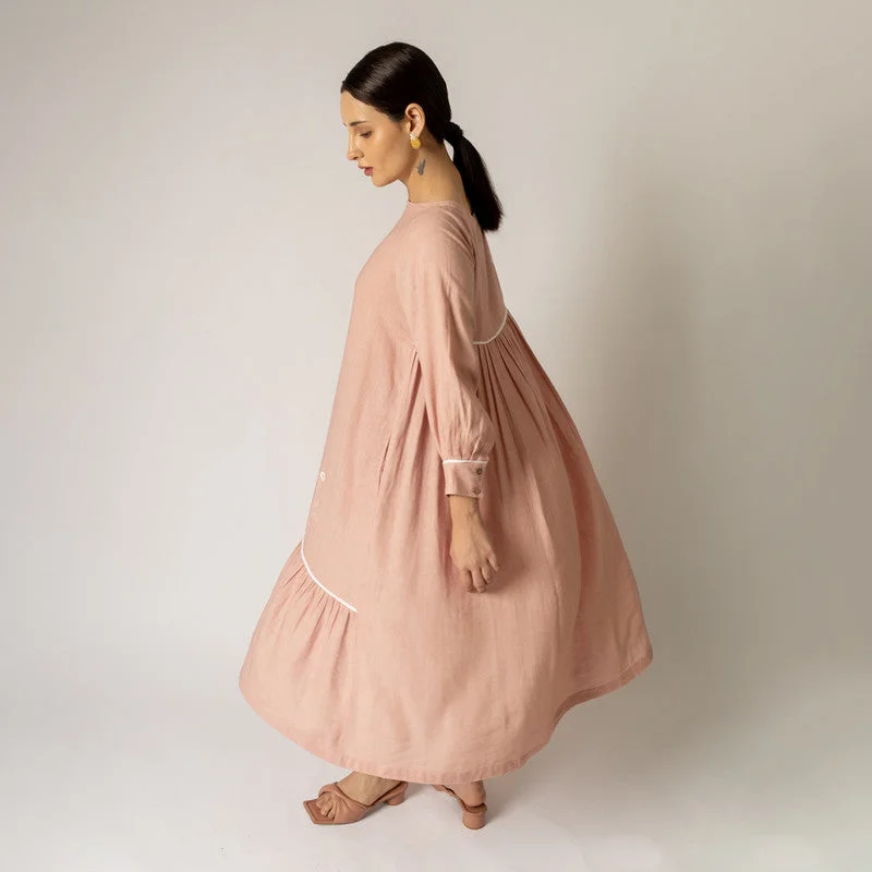 Linen Flared Dress for Women | Gathered | Pastel Pink