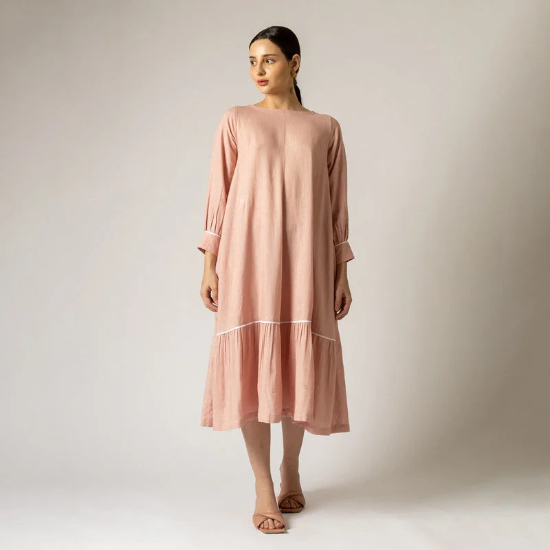 Linen Flared Dress for Women | Gathered | Pastel Pink