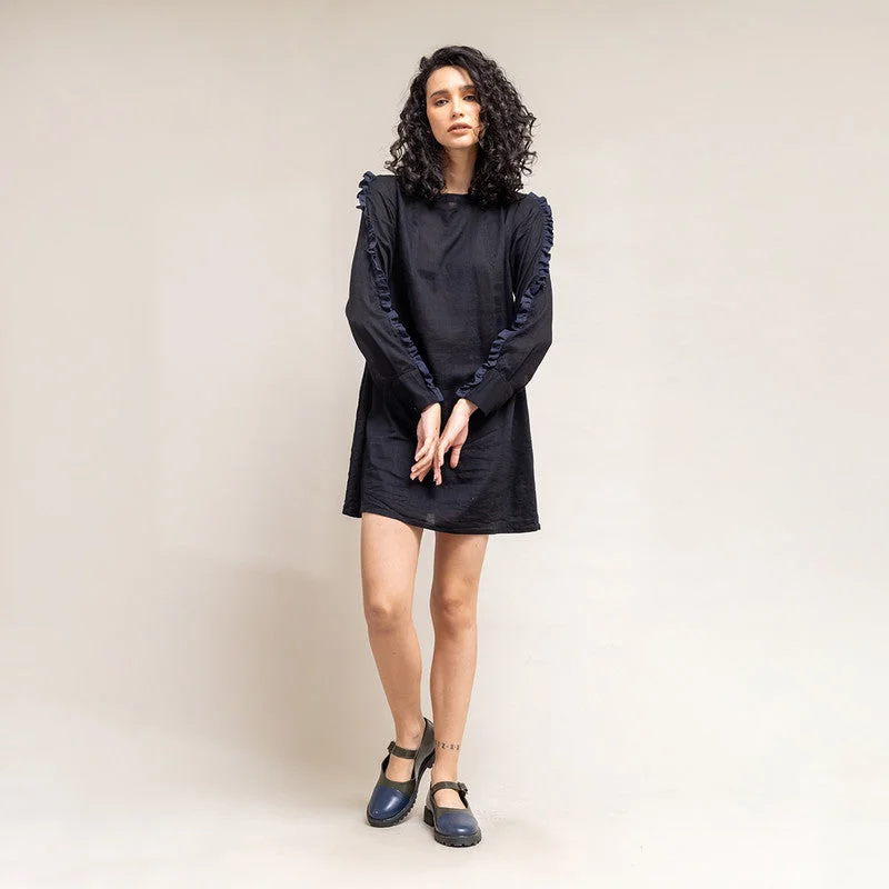 Silk Short Dress | Frilled Details Sleeves | Black