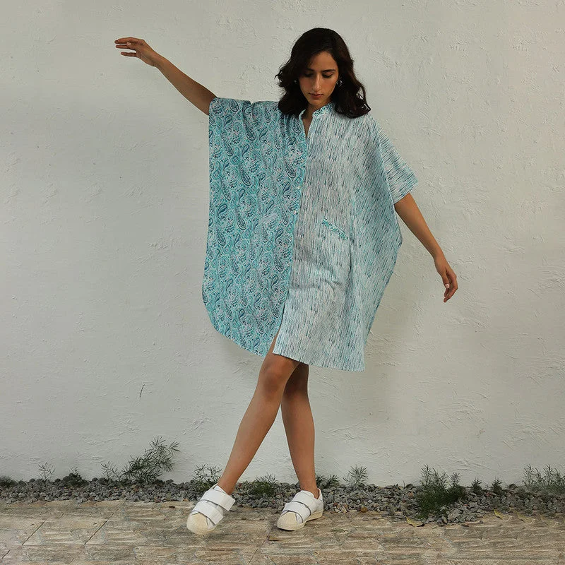 Cotton Short Kaftan Dress for Women | Paisley Handblock Print | Blue & White