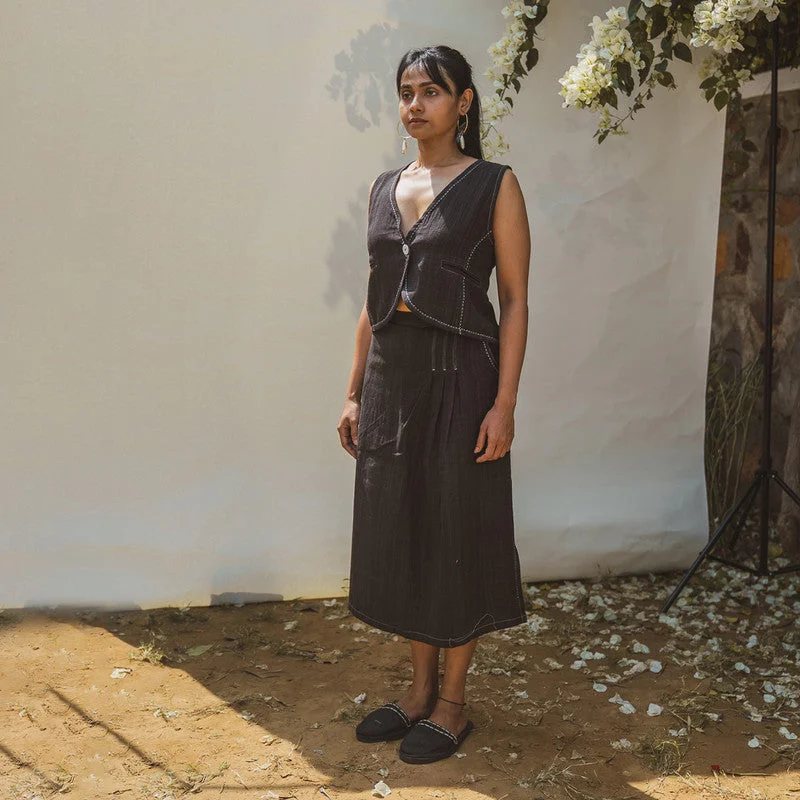 Pure Cotton Co Ord Set | Waist Coat & Long Skirt | Black