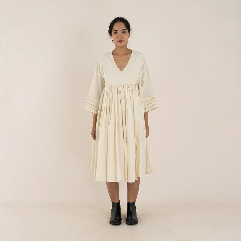 Pure Cotton Wrap Dress | Gathered & Angrakha | White