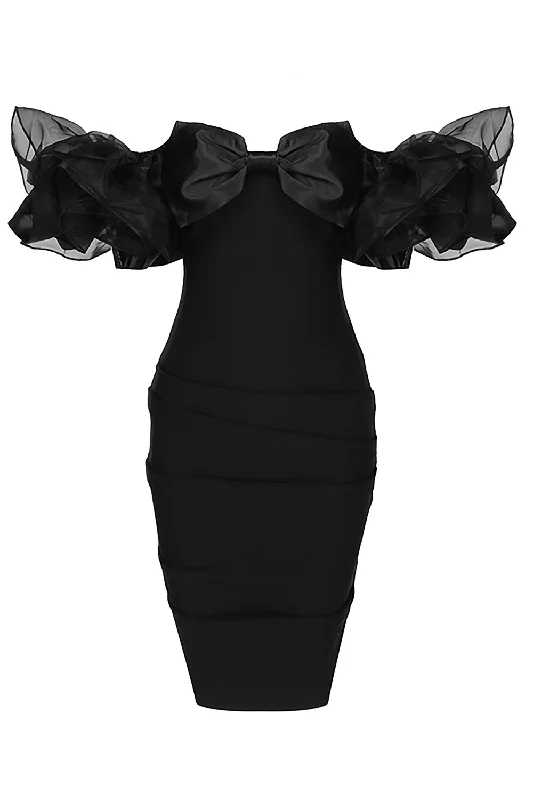 Off Shoulder Bow Ruffles Bandage Dress