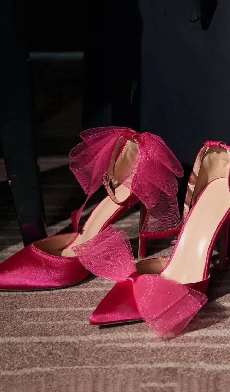 SATIN BOW HEELS IN HOT PINK