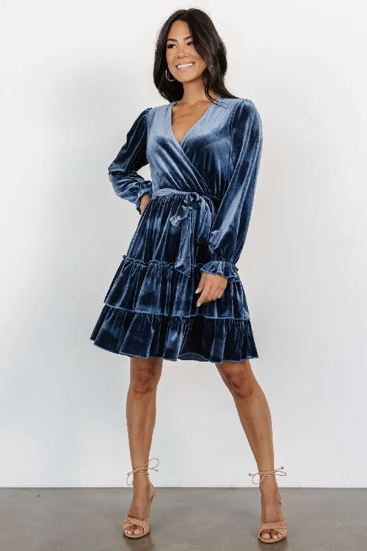 Shannon Velvet Short Dress | Slate Blue