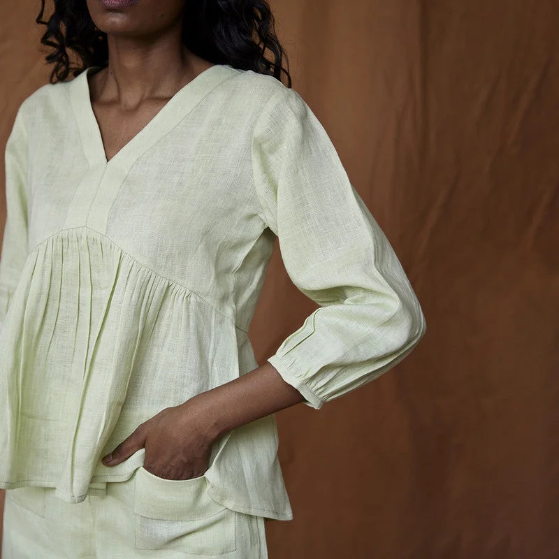 Pure Linen Top | Gathered Waistline | Lime Green