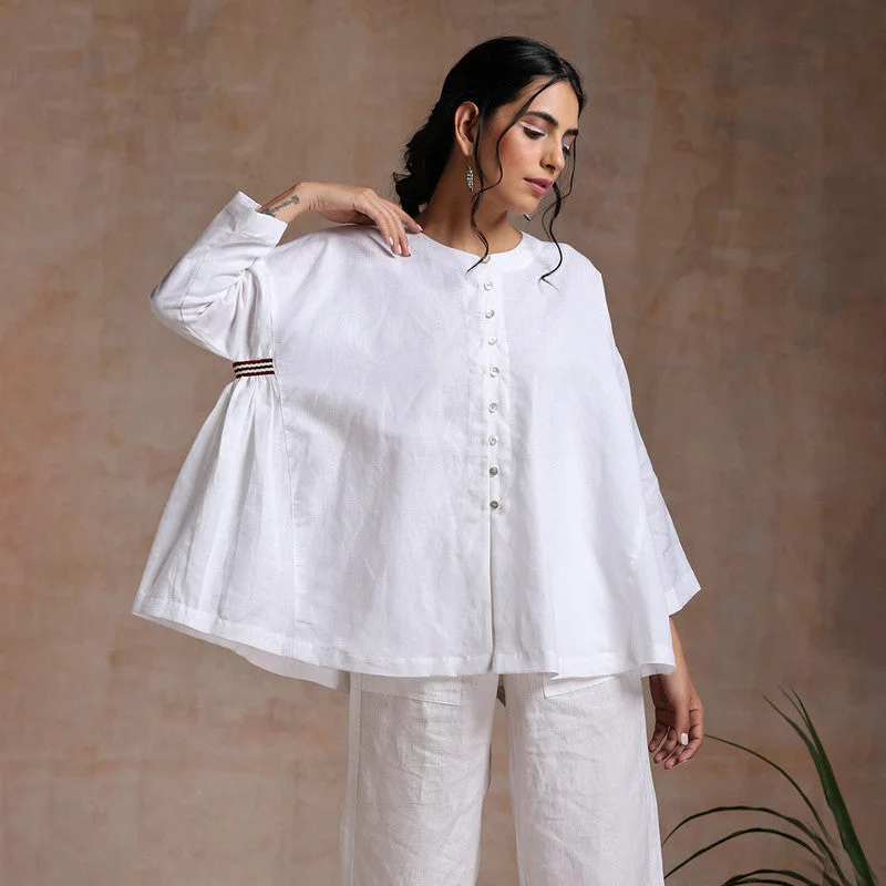 Women Linen Top | Front & Back Button | White