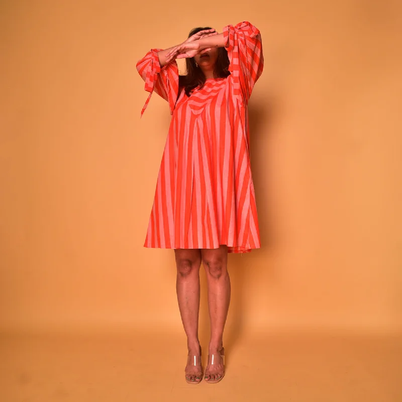 Cotton Short Dress for Women | Striped | Peach & Orange