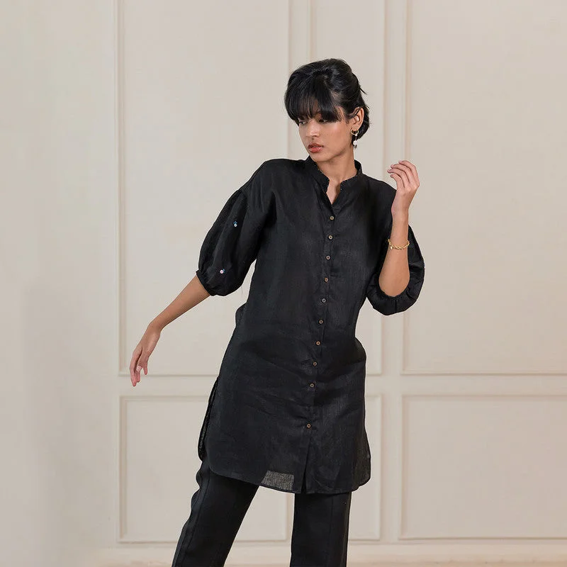 Linen Kurta For Women | Round Hem | Black