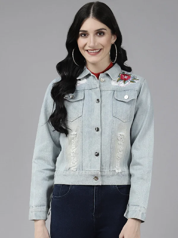 Light Blue Front Open Embroidered Jacket