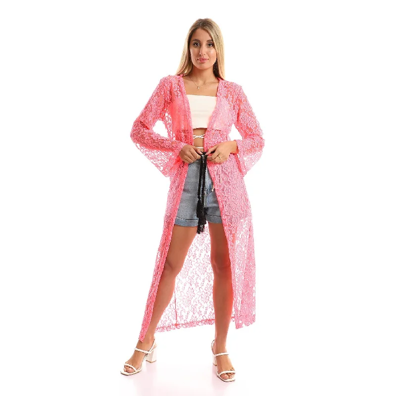 Neon Sheer Lace Slip On Long Cardigan - Kady