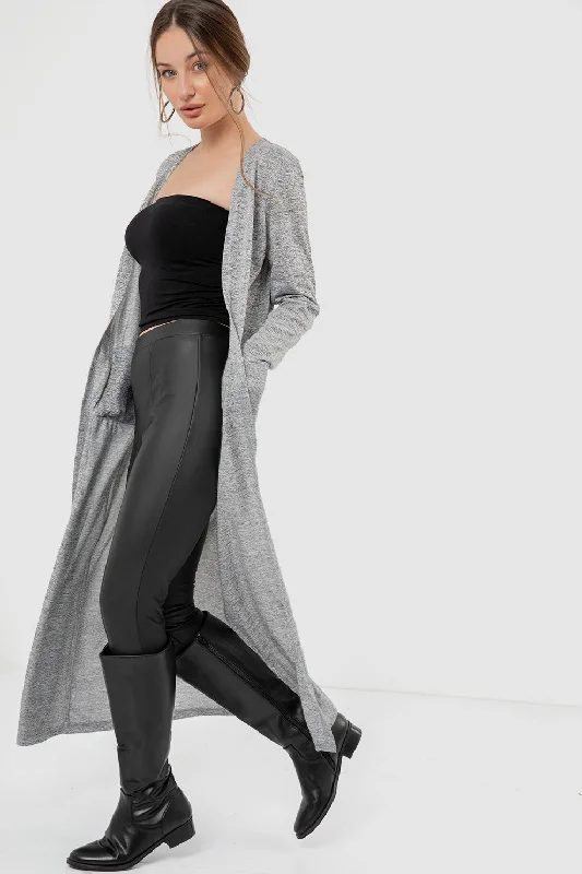 Long Sleeves Heather Grey Slip On Long Cardigan - Kady