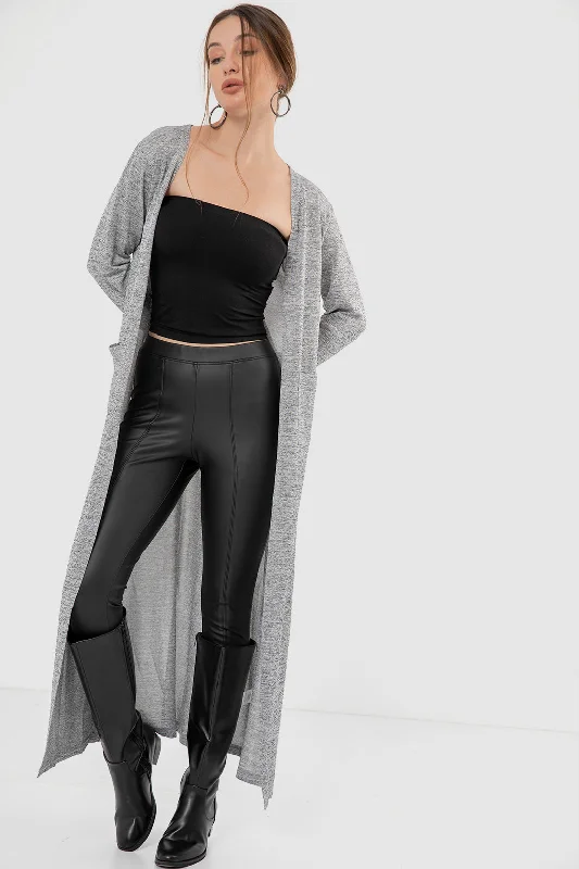 Long Sleeves Heather Grey Slip On Long Cardigan - Kady