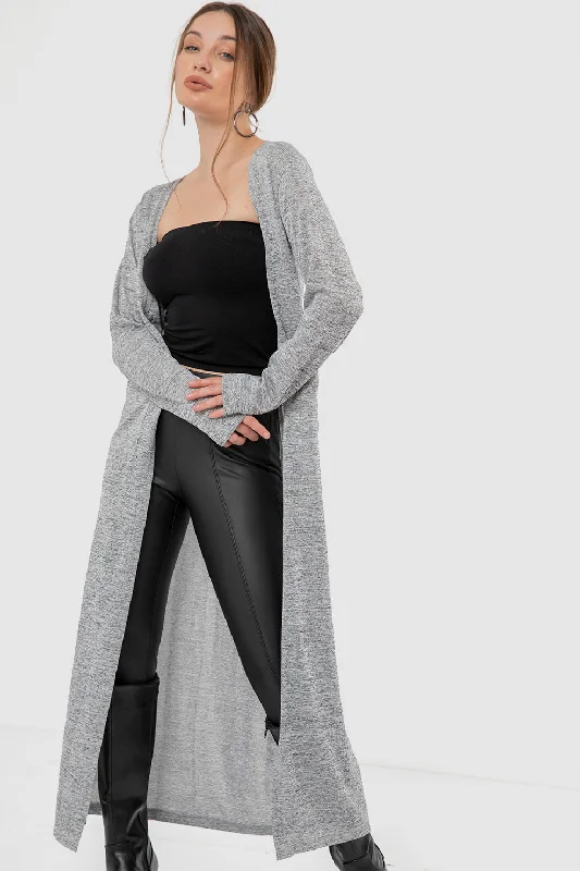 Long Sleeves Heather Grey Slip On Long Cardigan - Kady