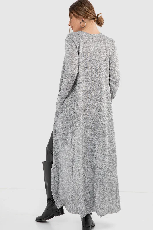 Long Sleeves Heather Grey Slip On Long Cardigan - Kady