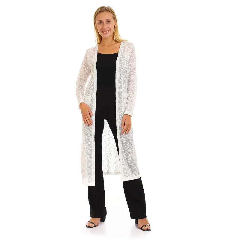 Self Patterned Open Neckline Long Cardigan - Kady