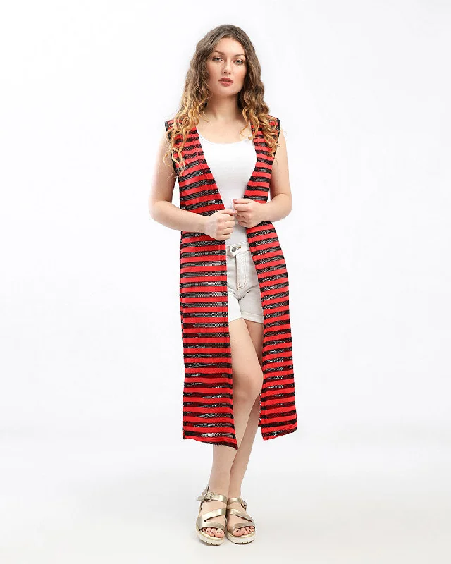 Stripe Perforated Sleeveless Cardigan - Kady