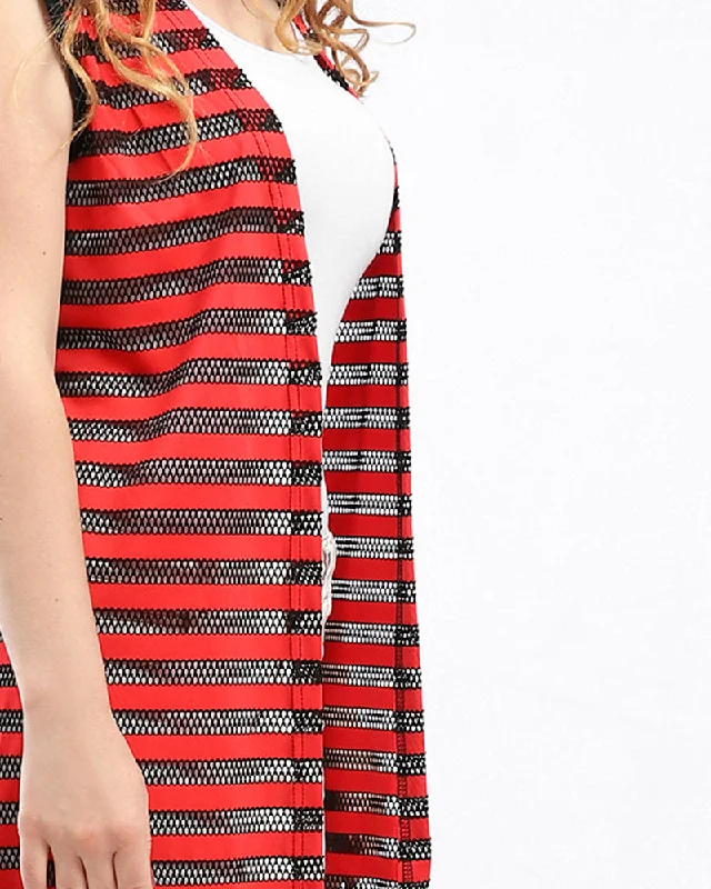 Stripe Perforated Sleeveless Cardigan - Kady