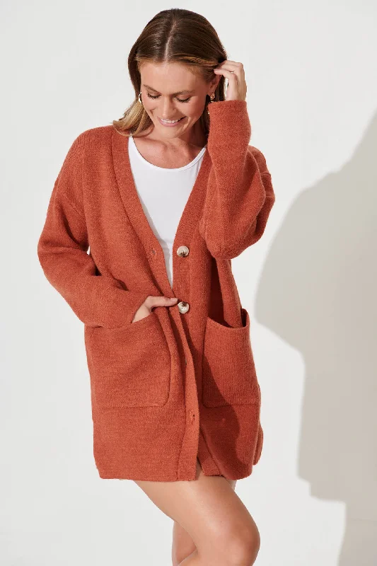 Alpine Knit Cardigan In Rust Wool Blend