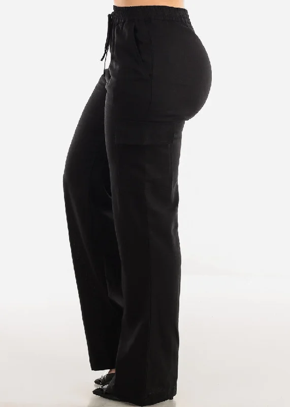 black-linen-high-waist-straight-leg-cargo-pants-6833pmblk