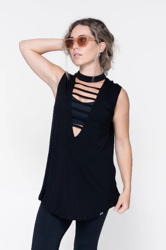 Black Slinky To Touch - Ladder V Front Sleeveless Boyfriend Tee