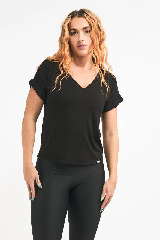 Black Slinky To Touch - V Neck Cuffed Sleeve Tee