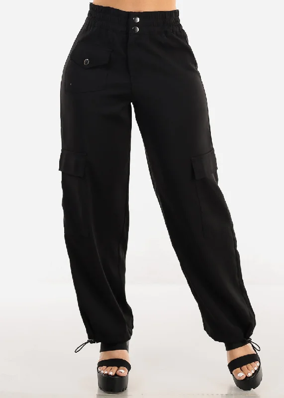 Black Super High Rise Spandex Waist Bungee Cargo Pants