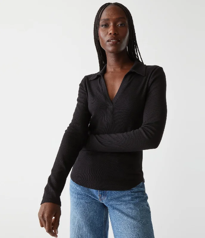 Bleu Rib Collared Split Neck Top