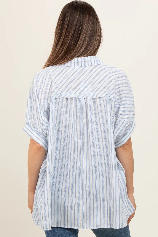 blue-striped-button-up-collared-short-sleeve-maternity-top