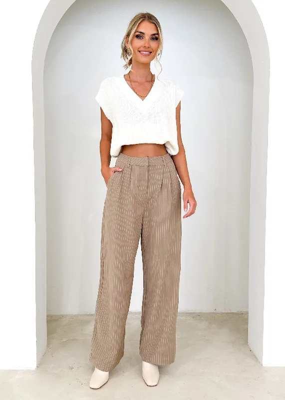 Bowwie Wide Leg Pant - Beige Pinstripe