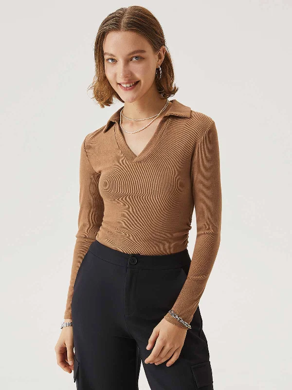 Brushed Rib Open Collar Polo Top