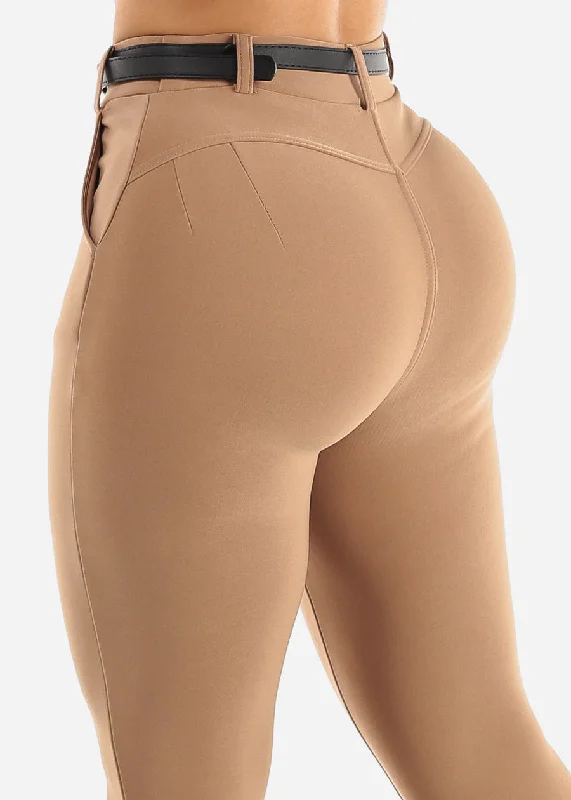 Butt Lifting High Waist Skinny Pants Light Brown w Belt