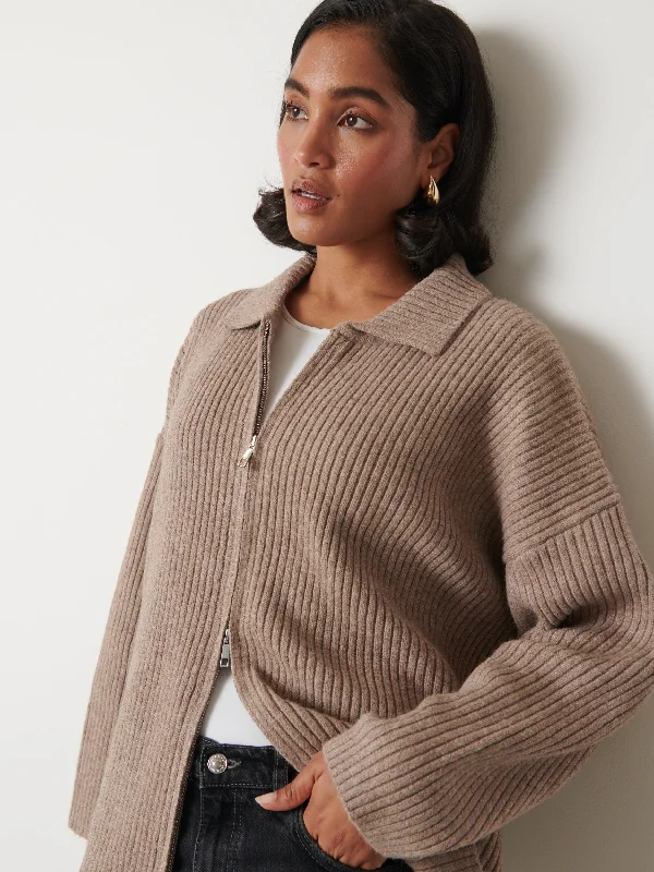 Carla Zipped Knit Jumper - Light Brown Marl