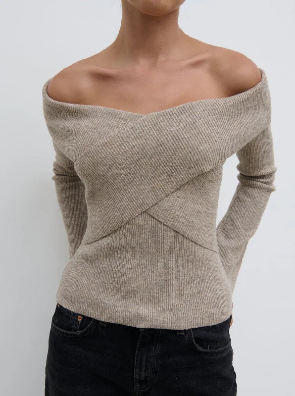 Daphne Cross Over Knit Top - Beige