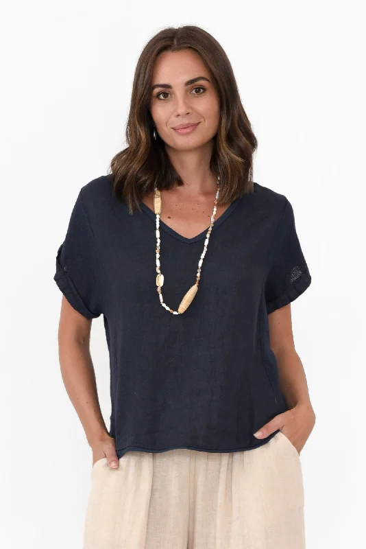 Dorian Navy Linen Cotton Top