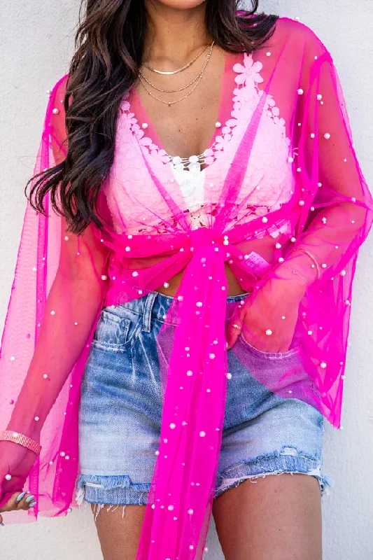 Electric Love Pink Pearl Embellished Mesh Tie Front Blouse FINAL SALE