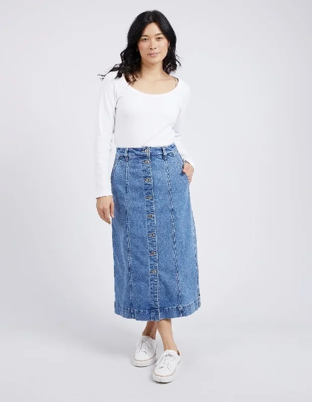 Elm Florence Button Thru Denim Skirt Mid Blue