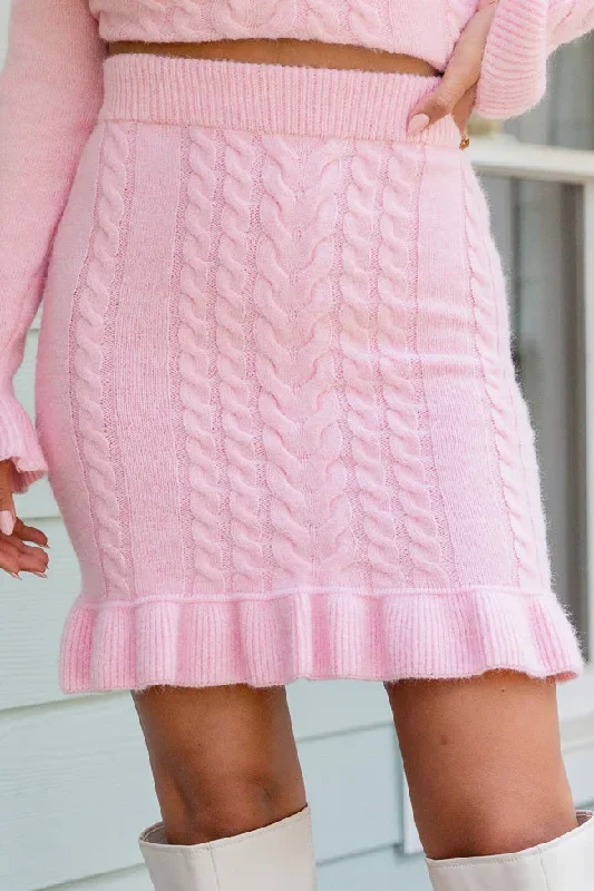 Glistening In The Snow Pink Ruffle Trim Sweater Skirt