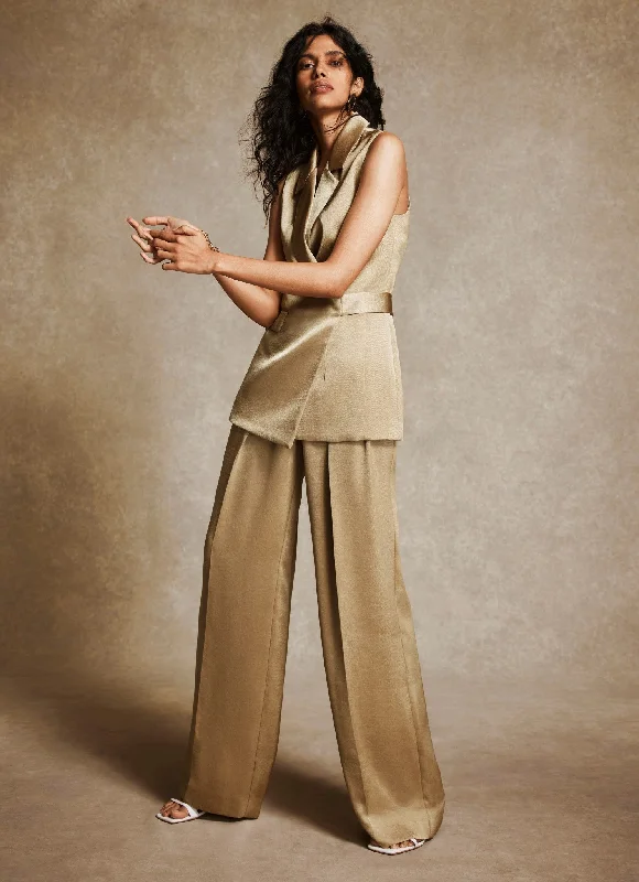 Gold Satin Pleated Wide Trousers