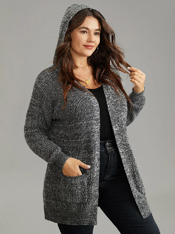 Heather Hooded Patched Pocket Open Front Tunic Cardigan