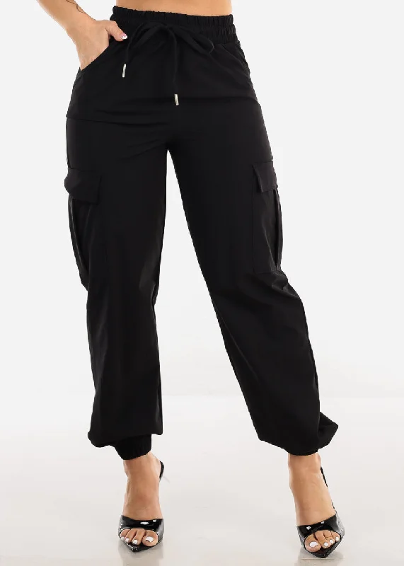 High Waist Drawstring Black Cargo Jogger Pants