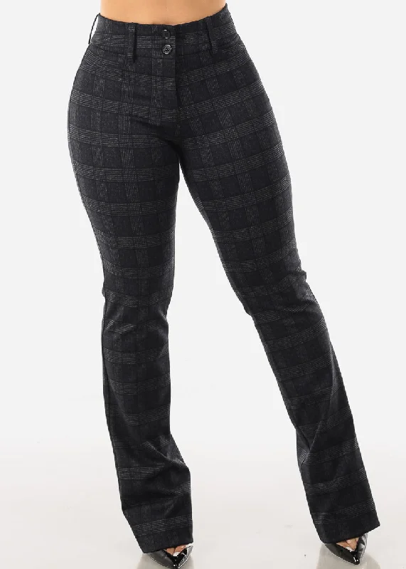 High Waist Plaid Bootcut Stretch Dress Pants Charcoal