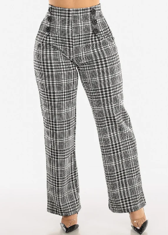 High Waist Plaid Wide Leg Straight Dress Pants B&W