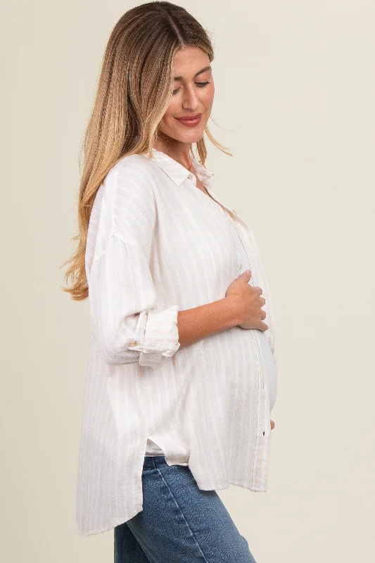 ivory-striped-linen-button-front-long-sleeve-maternity-top