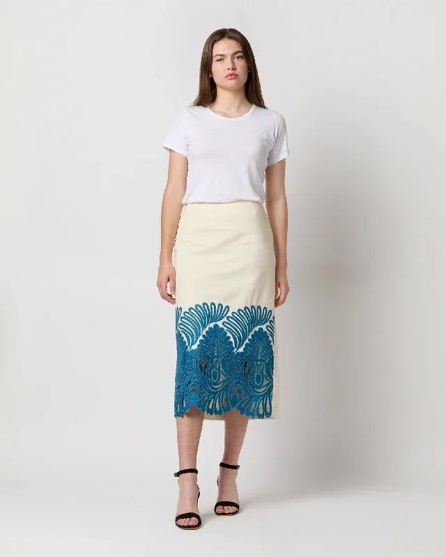 Pencil Skirt in Light Blue Solid Embroidered Cotton