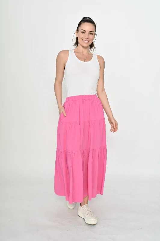 La Mode Side Pocket Tiered Maxi Skirt Pink